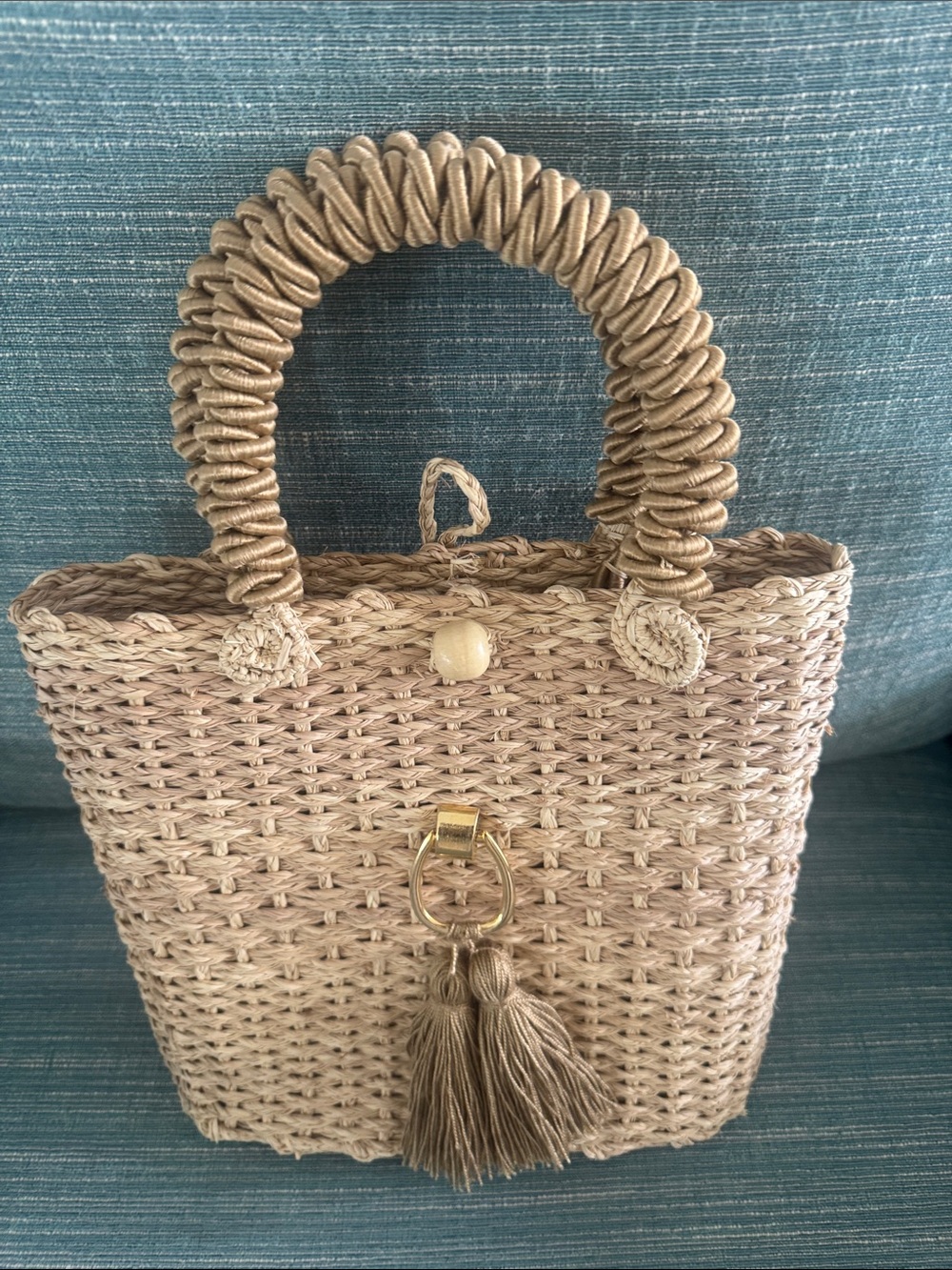 Woven Tassel Top-Handle Tote - Beige - Picture 3 of 3